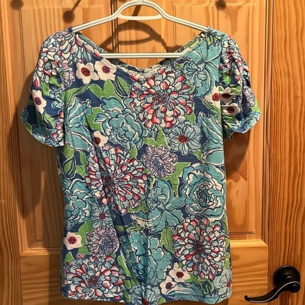 Lilly Pulitzer Blue Green Floral Short Sleeve Tee